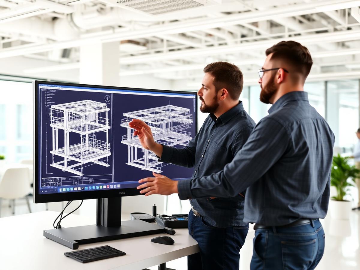 Engineers reviewing a 3D CAD model on a monitor