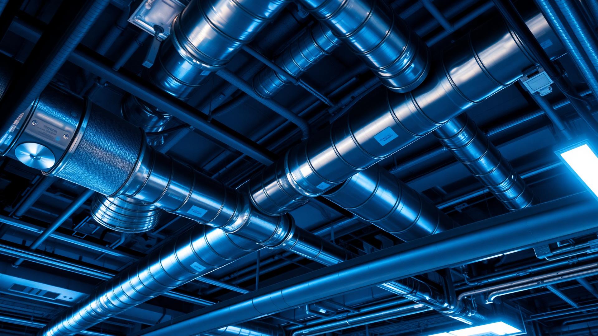 Commercial HVAC ductwork in a mechanical ceiling